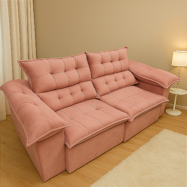 Sofá Retrátil e Reclinável 3 Lugares Londres 2 metros - Rosa Claro Veludo