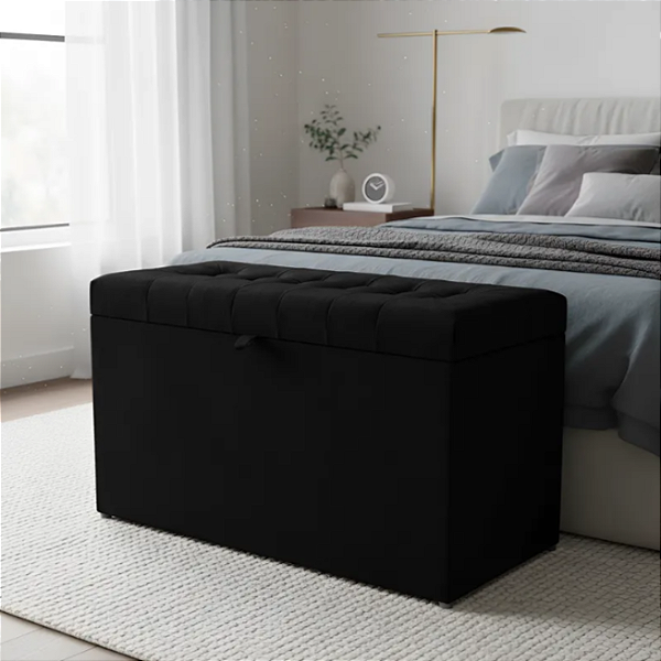 Puff Baú Retangular Estofado Com Pistão á Gás Para Sala, Quarto e recepção - Preto