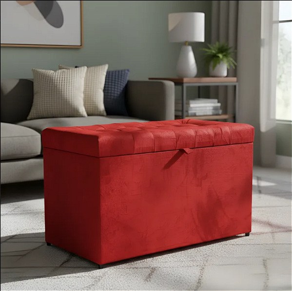 Puff Baú Retangular Estofado Com Pistão á Gás Para Sala, Quarto e recepção - Vermelho