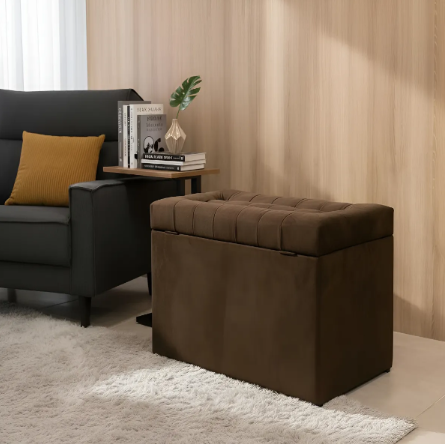 Puff Baú Retangular Estofado Com Pistão á Gás Para Sala, Quarto e recepção - Marrom