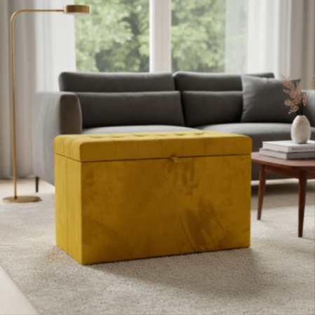 Puff Baú Retangular Estofado Com Pistão á Gás Para Sala, Quarto e recepção - Amarelo