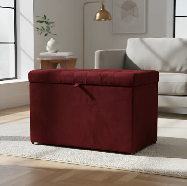 Puff Baú Retangular Estofado Com Pistão á Gás Para Sala, Quarto e recepção - Vinho