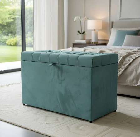 Puff Baú Retangular Estofado Com Pistão á Gás Para Sala, Quarto e recepção - Azul Tiffany