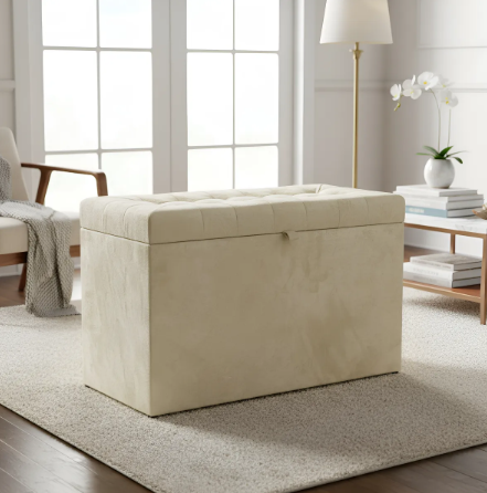 Puff Baú Retangular Estofado Com Pistão á Gás Para Sala, Quarto e recepção - Creme