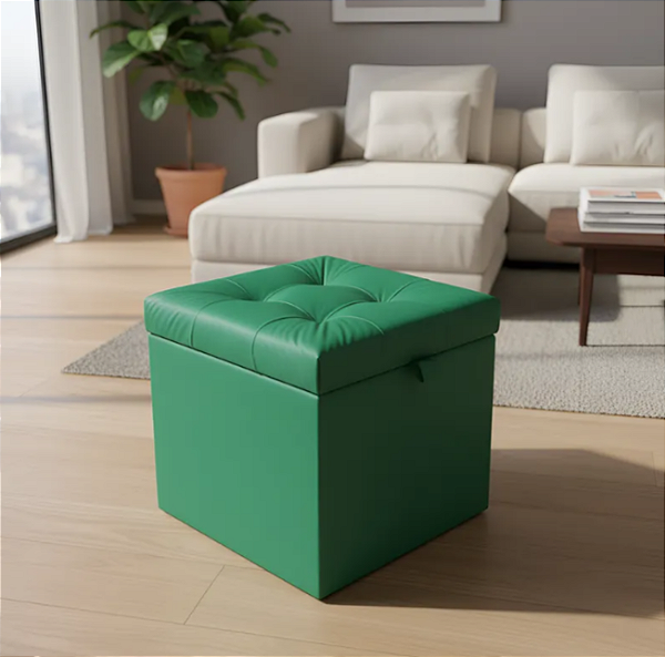 Puff Baú Estofado Quadrado Mari 36cm - Verde Corino