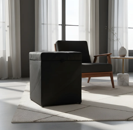 Puff Baú Estofado Quadrado Mari 36cm - Preto