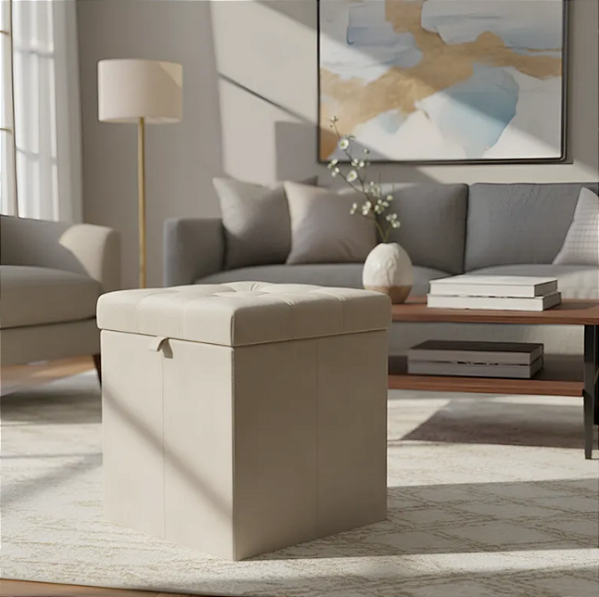 Puff Baú Estofado Quadrado Mari 36cm - Creme