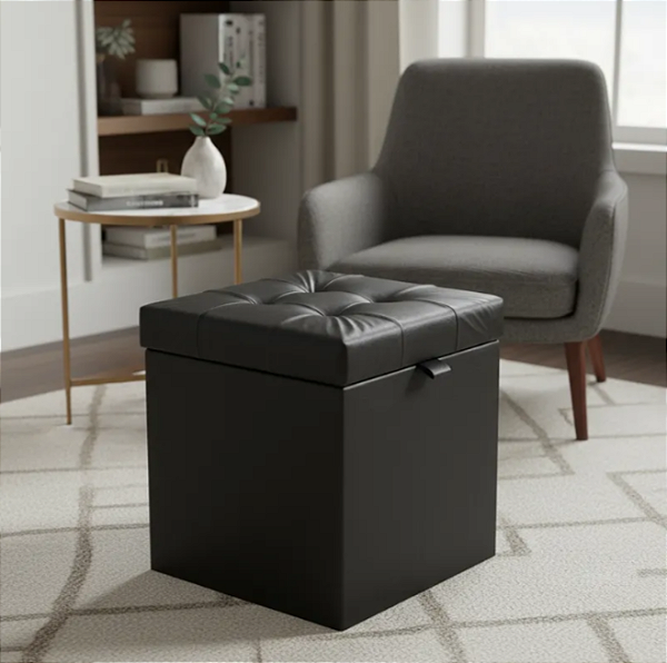 Puff Baú Estofado Quadrado Mari 36cm - Preto Corino