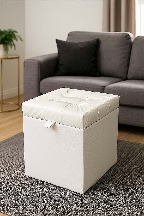 Puff Baú Estofado Quadrado Mari 36cm - Branco Corino