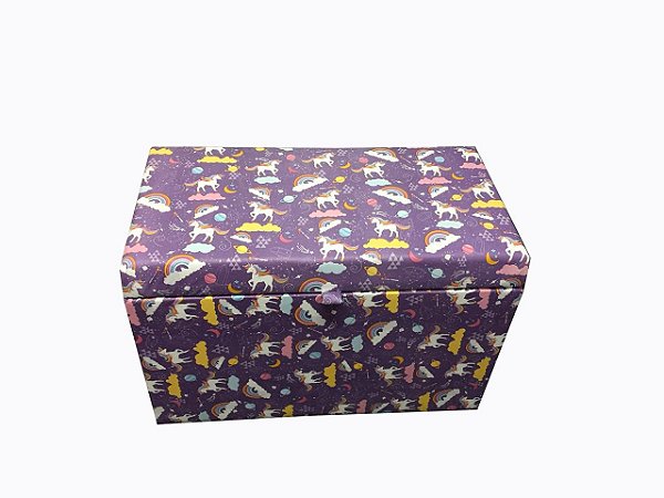 Puff Baú Retangular Infantil Guarda Brinquedos Com Pistão á gás - Unicórnio Roxo