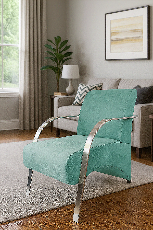 Poltrona Decorativa Com Braços em Alumínio Para Sala, Recepção e Escritórios - Azul Tiffany