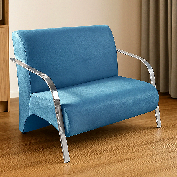 Poltrona Namoradeira 2 Lugares Com Braços em Alumínio Para Sala, Recepção e Escritórios - Azul Aço