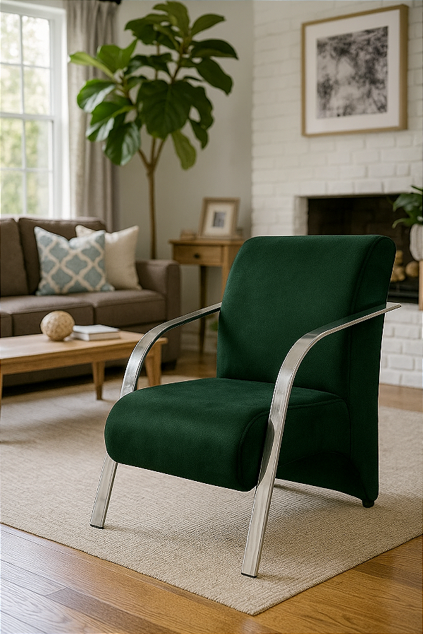 Poltrona Decorativa Com Braços em Alumínio Para Sala, Recepção e Escritórios - Verde