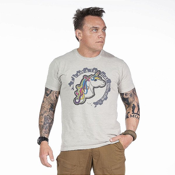 Camiseta de Algodão Estonada Cinza Tactical Unicorn