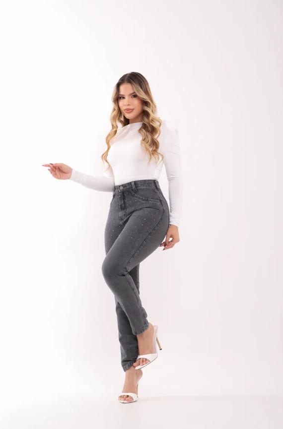 Calça Mom Jeans Feminina Cinza com Brilho