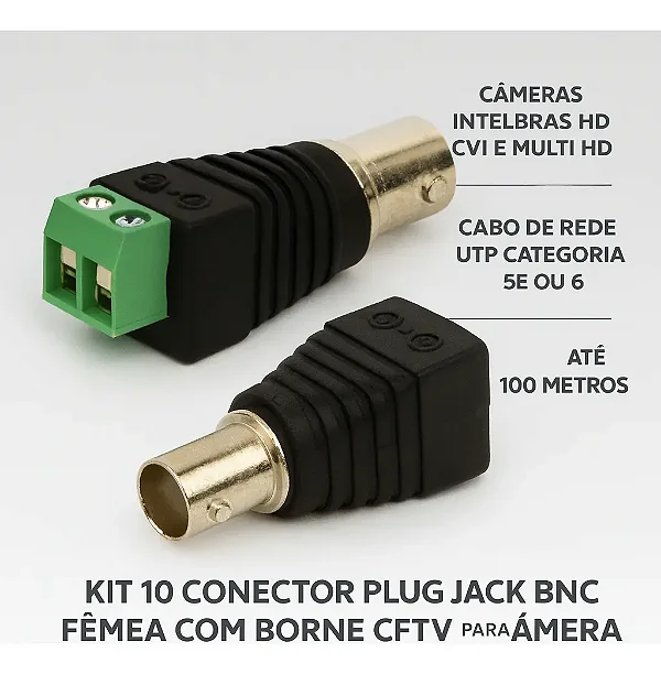 Kit 10 Conector Plug Jack Bnc Fêmea Com Borne Cftv