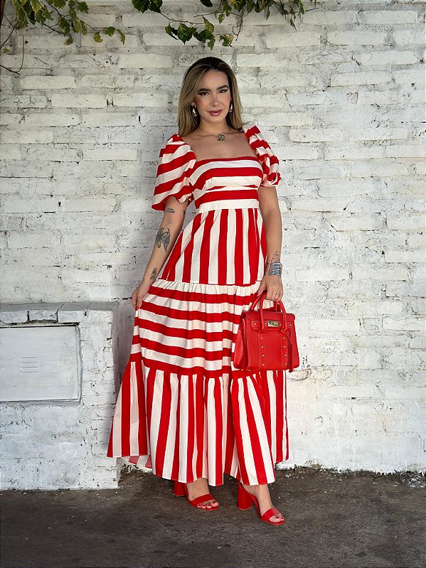 VESTIDO LONGO MANGAS LISTRAS