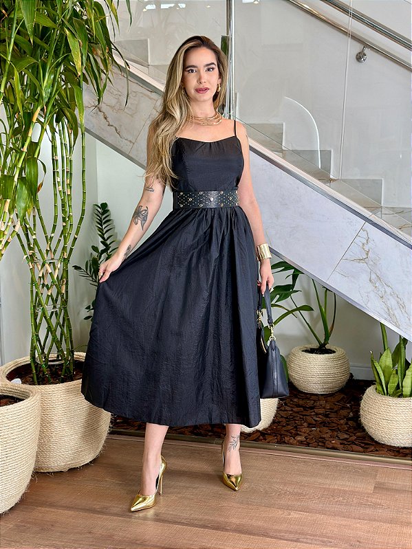 VESTIDO GODE SUPERMIDI COM CINTO PESPONTADO