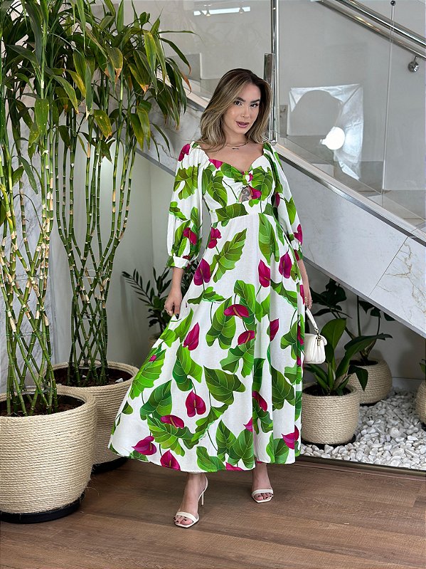 VESTIDO LONGO MANGA FOLHA DE ANTURIO