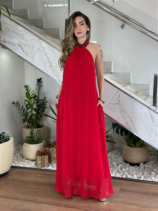VESTIDO LONGO GOLA BORDADA