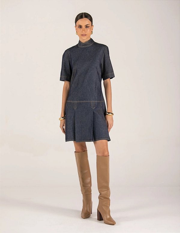 VESTIDO JEANS CINTURA BAIXA COM PREGAS