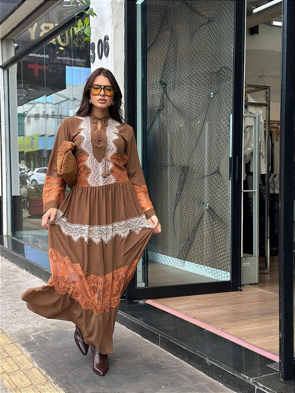 VESTIDO LONGO BOHO MIX DE RENDAS