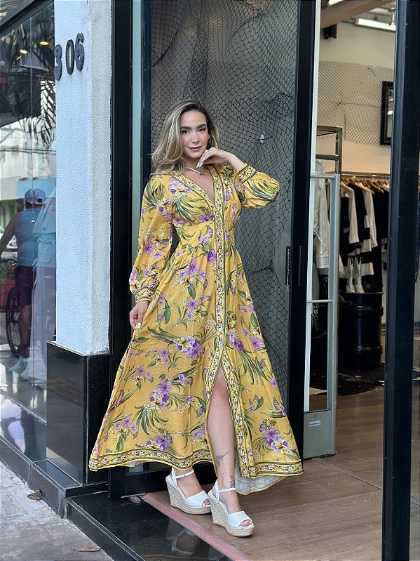 VESTIDO LONGO MANGA PASSARO EM FLOR
