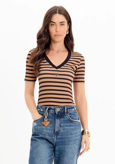BLUSA CANELADA MANGA CURTA ESTAMPADA