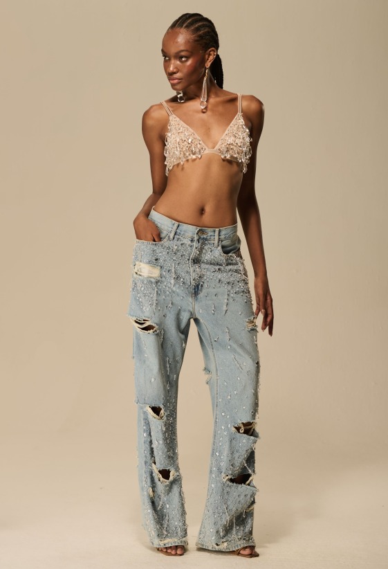CALÇA JEANS BORDADO CRISTAL