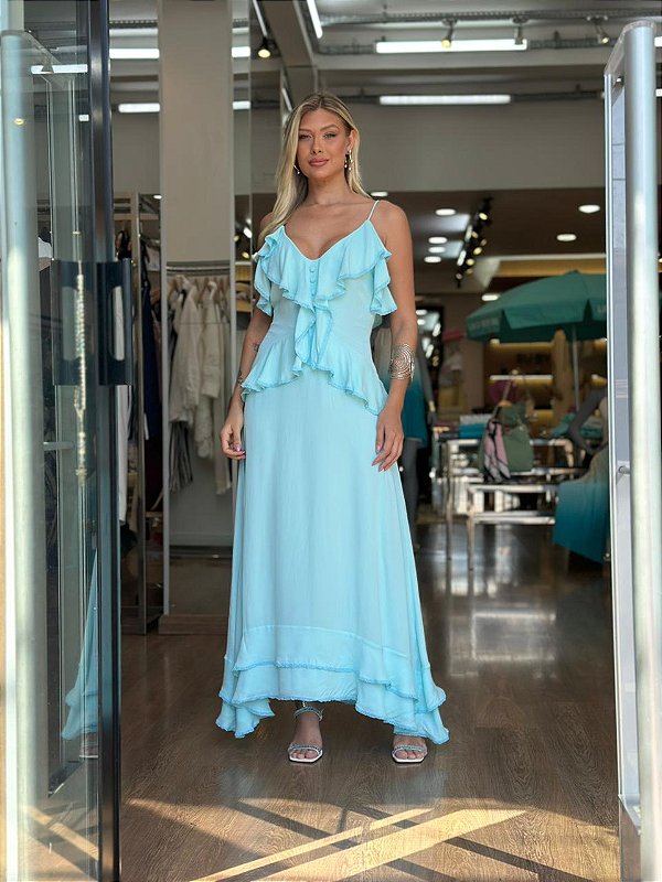 VESTIDO FLUIDO DE BABADOS COM DETALHE EM RENDA