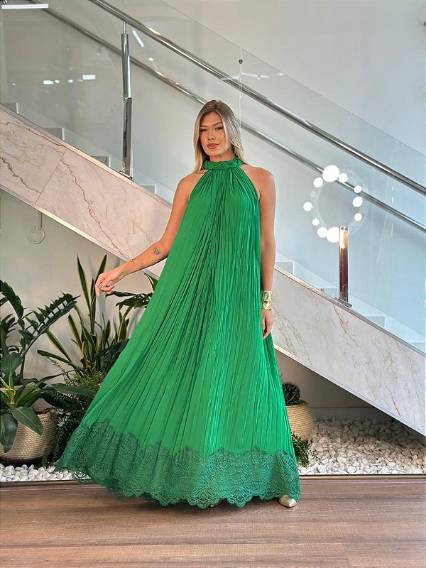 VESTIDO TARQUINADO PESCOÇO TRANCADO E RENDA BARRA