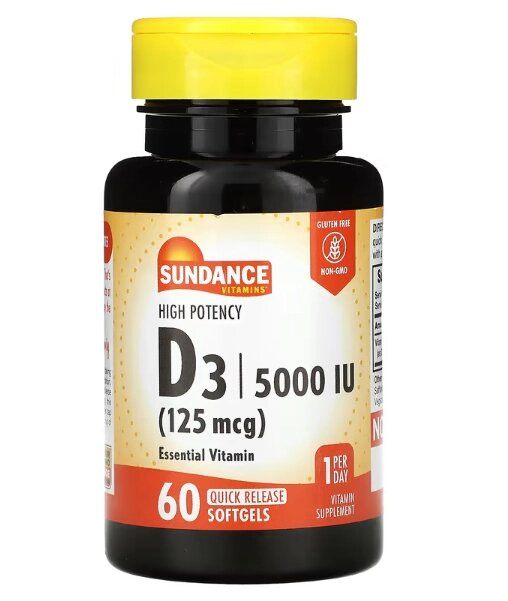 Vitamina D3 Alta Potência, 125mcg, 5000UI, 60 Cápsulas, Sundance