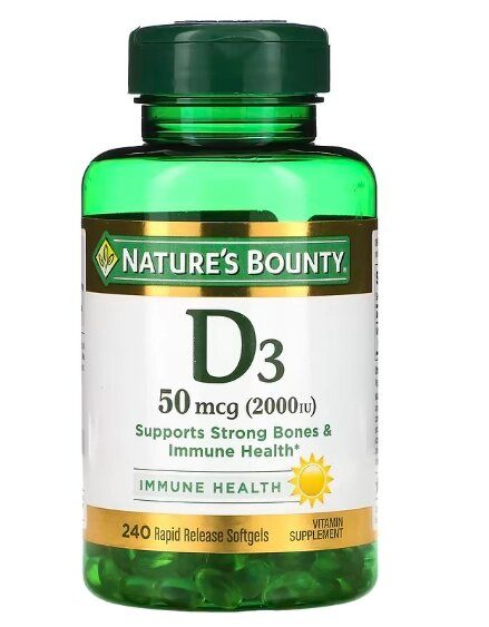 Vitamina D3, 50mcg 2.000UI, 240 cápsulas, Nature's Bounty
