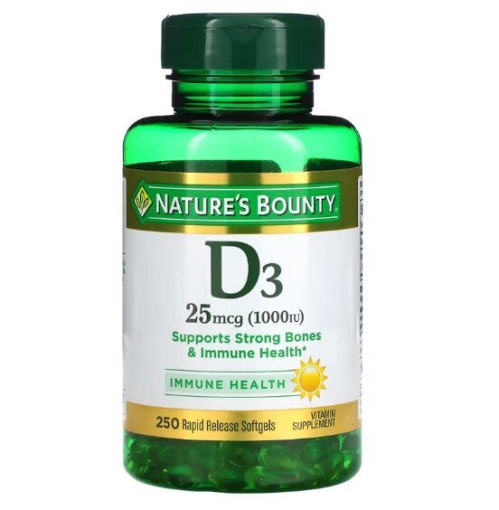 Vitamina D3,25mcg 1000IU, 250 Cápsula, Nature's Bounty