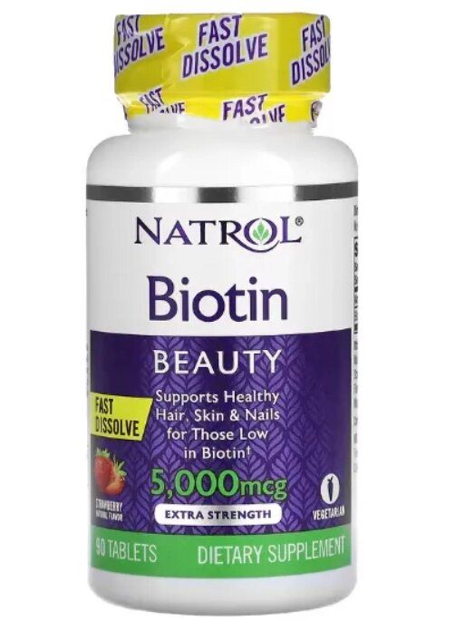 Biotina, Força Extra, 5000mcg, 90 Comprimidos Sabor Morango, Natrol