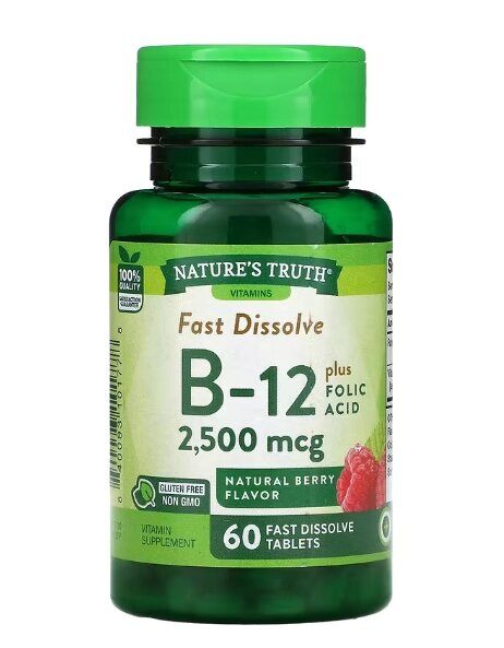 Vitamina B-12 + Ácido Fólico, 2500mcg, 60 Comprimidos Sabor Baga Natural, Nature's Truth
