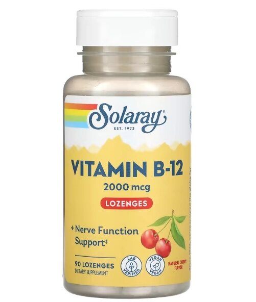 Vitamina B-12 2000mcg, 90 Pastilhas Sabor Cereja Natural, Solaray