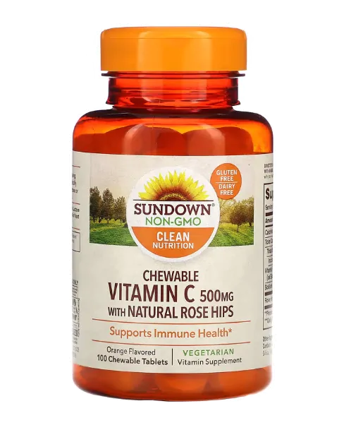 Vitamina C com Rosa Mosqueta Natural, Laranja, 500 mg, 100 Comprimidos Mastigáveis, Sundown