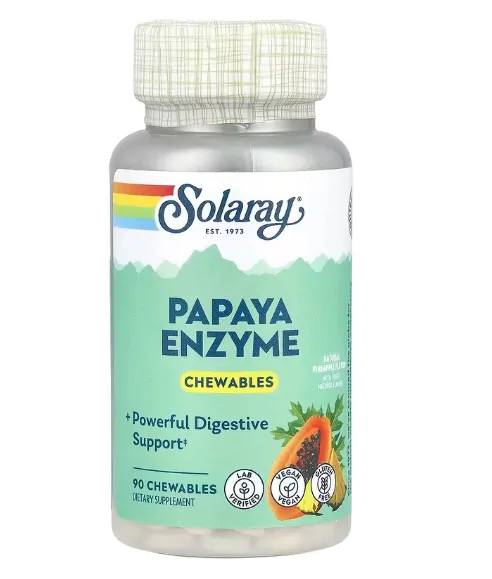 Enzimas de Mamão, Abacaxi Natural, 90 Comprimidos Mastigáveis, Solaray