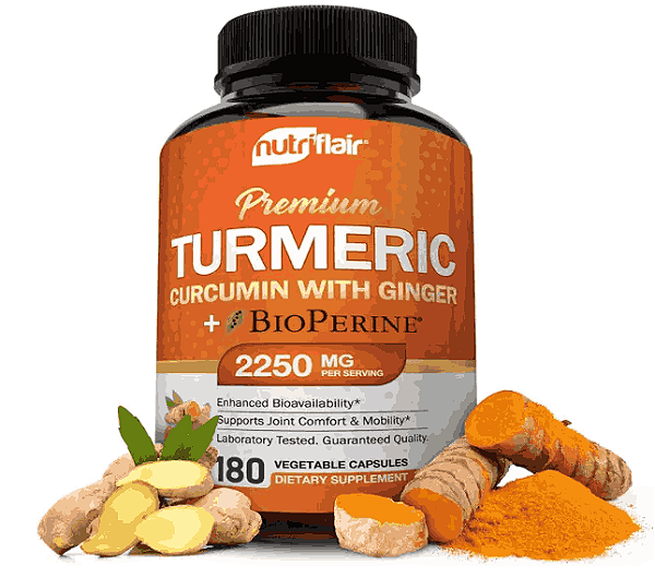 Cúrcuma Premium 2250mg, Turmeric com BioPerine, Ginger e Black Pepper, 180 Cápsulas, NutriFlair