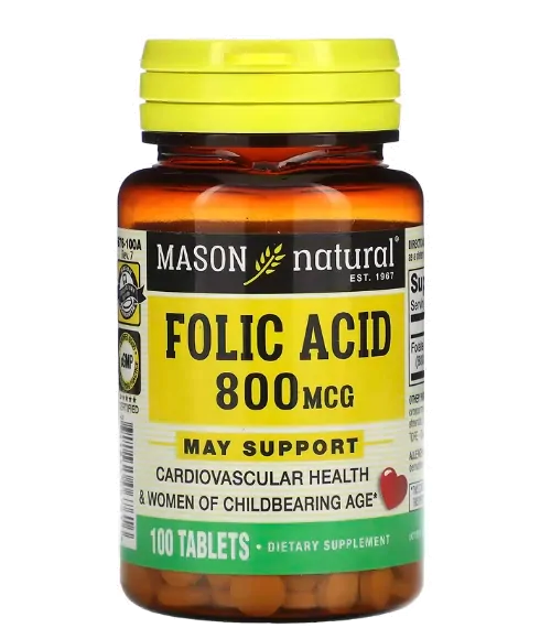 Ácido Fólico, 800mcg, 100 Comprimidos, Mason Natural
