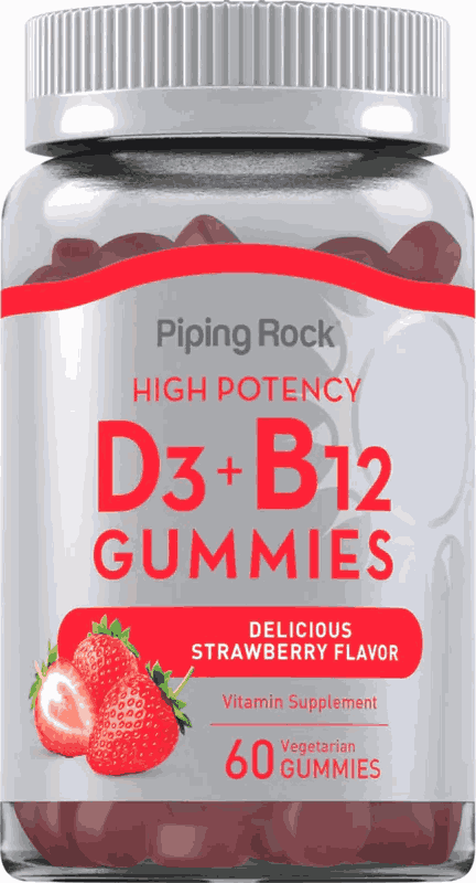 Vitamina D3 + B12, 60 Gomas Sabor Morango, PipingRock