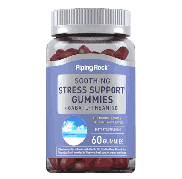 Stress Suport, Suporte Calmante para Estresse com Gaba e L-Theanine, 60 Gomas Sabor Limão e Morango, Pipingrock