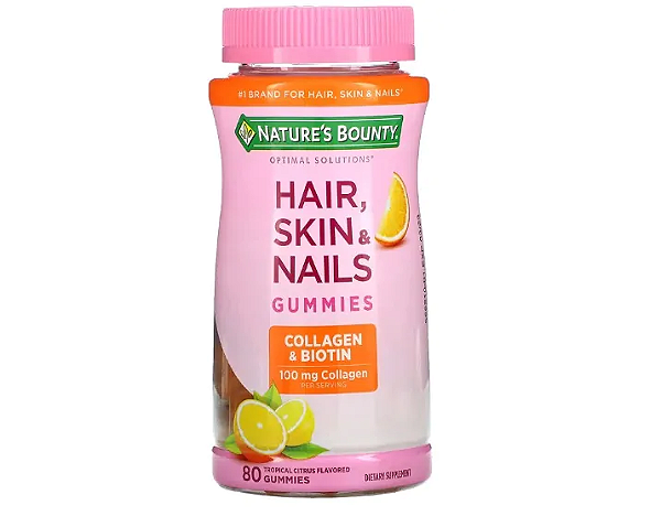 Hair Skin and Nails, Cabelo, pele e unha, Colágeno 100mg e Biotina, 80 Gomas, Nature's Bounty