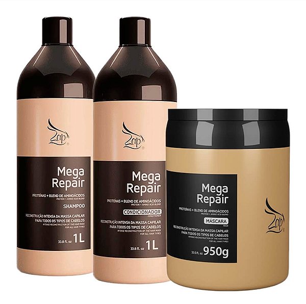 Kit Zap Mega Repair – Reconstrução Intensiva (Shampoo 1L + Condicionador 1L + Máscara 950g)