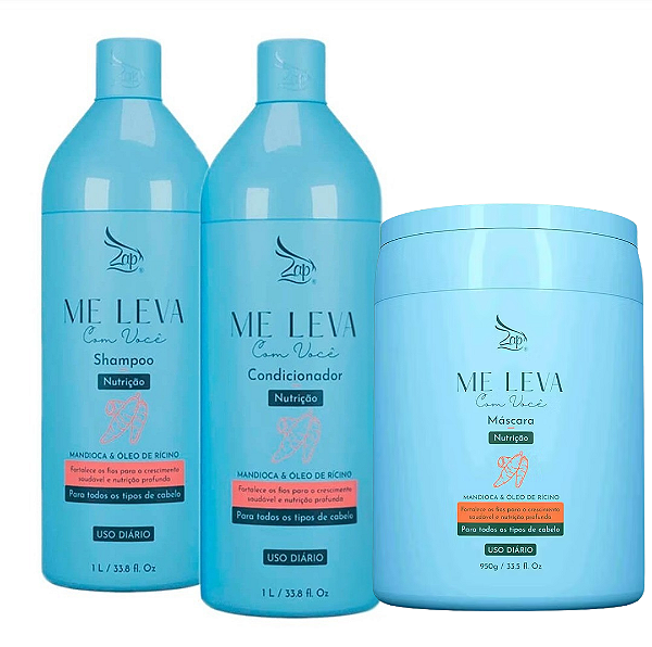 Kit Zap Me Leva Com Você – Nutrição com Óleo de Rícino (Shampoo 1L + Condicionador 1L + Máscara 950g)