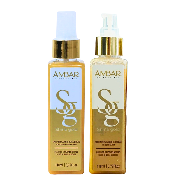 Kit Âmbar Professional Shine Gold – Spray Finalizador Ultra Brilho 110ml + Sérum Reparador de Pontas 110ml