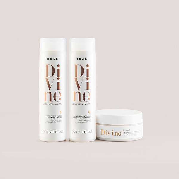 Kit Trio Divine Braé – Anti Frizz e Hidratação (Shampoo 250ml + Condicionador 250ml + Máscara 200g)