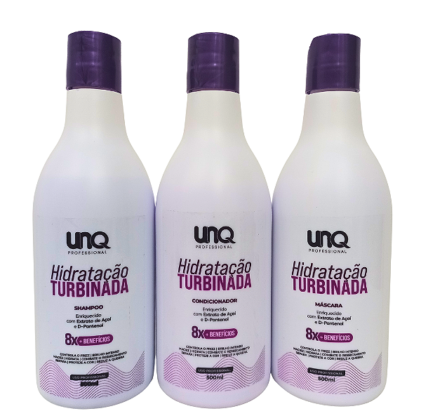 Kit UNQ Hidratação Turbinada – Shampoo 500ml + Condicionador 500ml + Máscara 500ml