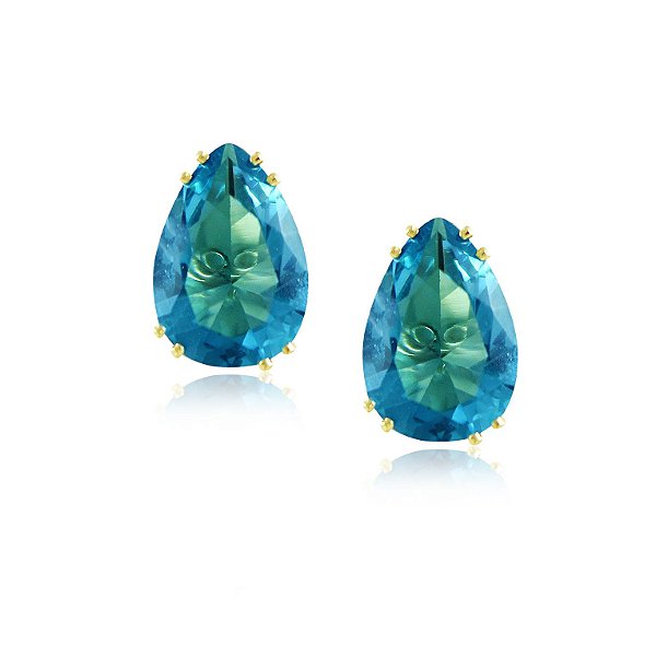 Brinco Gota pedra na cor aquamarine em banho ouro 18 k